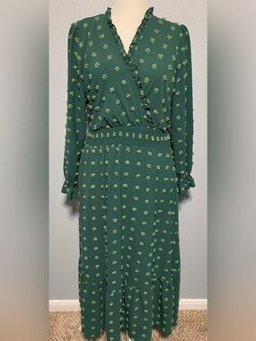 Green Swiss Dot Maxi Dress Smocked Waist Boho Cottagecore Prairie Boho Large